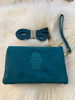 Teal Leather Wristlet Clutch with Embossed Hamsa Detail